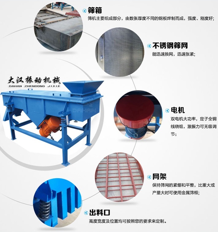 525型直線振動篩結(jié)構(gòu)細節(jié)：篩箱：篩機主要組成部分，由數(shù)張厚度不同的鋼板焊制而成，強度，剛度好。不銹鋼篩網(wǎng)：能速換網(wǎng)，迅速張緊。電機：雙電機大功率，定子全銅線繞組，激振力可無級調(diào)節(jié)。網(wǎng)架：保持篩網(wǎng)的緊繃和平整，比重大或產(chǎn)量大時可使用金屬篩框。出料口：高度寬度及位置均可按照您的要求定制。