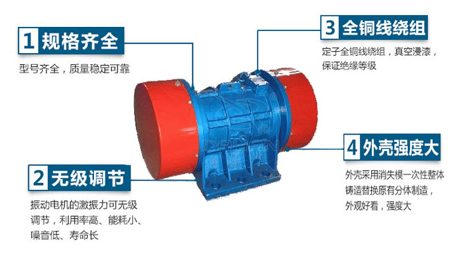 VB振動(dòng)電機(jī)特點(diǎn)：1，規(guī)格齊全：型號(hào)齊全，質(zhì)量穩(wěn)定可靠。2，無極調(diào)節(jié)：振動(dòng)電機(jī)的激振力可無極調(diào)節(jié)，利用率高，能耗小，噪音低，壽命長(zhǎng)。4，外殼輕度大：外殼采用消失模一次性整體鑄造替換原有分體制造，外觀好看，強(qiáng)度大。