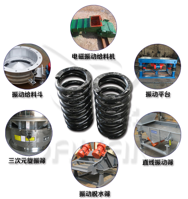 旋振篩減震彈簧適用產(chǎn)品：振動(dòng)給料機(jī)，電磁振動(dòng)給料機(jī)，振動(dòng)平臺(tái)，直線振動(dòng)篩，振動(dòng)脫水篩，三次元旋振篩。