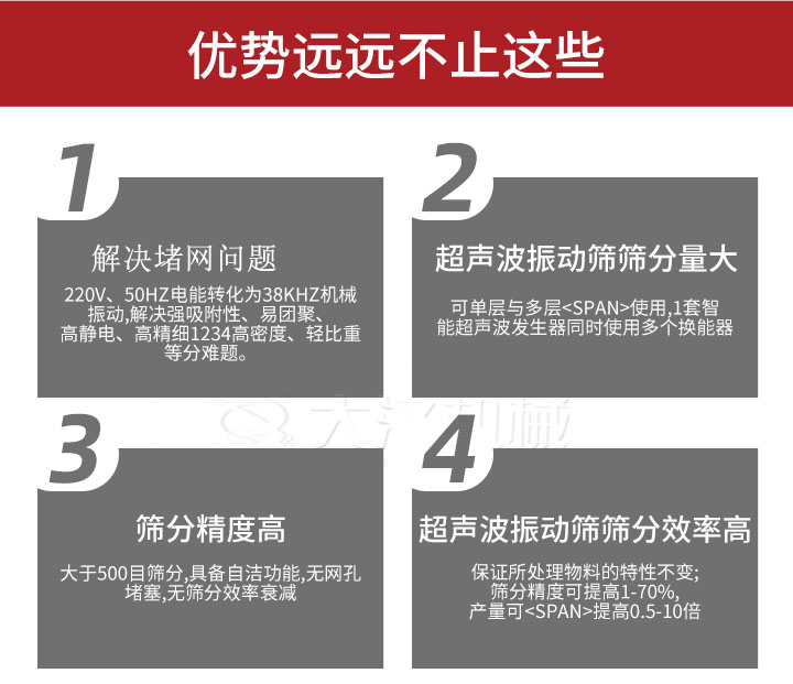 超聲波振動(dòng)篩優(yōu)勢：1，高效解決堵網(wǎng)問題220V，50HZ電能轉(zhuǎn)化為38KHZ機(jī)械振動(dòng)，解決強(qiáng)吸附性，易團(tuán)聚，高靜電，高精細(xì)1234高密度，輕比重等難題。2，超聲振動(dòng)篩篩分量大：可單層與多層使用1套只能超聲波發(fā)生器同時(shí)使用多個(gè)換能器。3，適合大于500目篩分，具備自潔功能，無網(wǎng)孔堵塞，無篩分效率衰減。4，超聲波振動(dòng)篩篩分效率高：保證所處理物料的特性不變，篩分精度可提高1-70%。