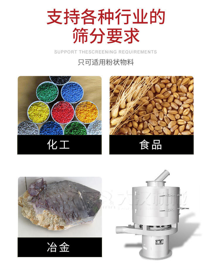 氣流篩用于礦粉，石墨粉，活性納米碳酸鈣，鋁灰，大豆粉，碳酸重鈣，石墨粉，木粉，干草，重金石粉，藥粉末，橡膠顆粒，草酸鹽，干料粉，木粉，聚酯粉，干粉，塑料，金屬粉末，橡膠粉，粉煤灰，石墨粉，陶瓷粉，鋅粉，石英粉，石灰粉，鐵粉，金屬硅粉等。