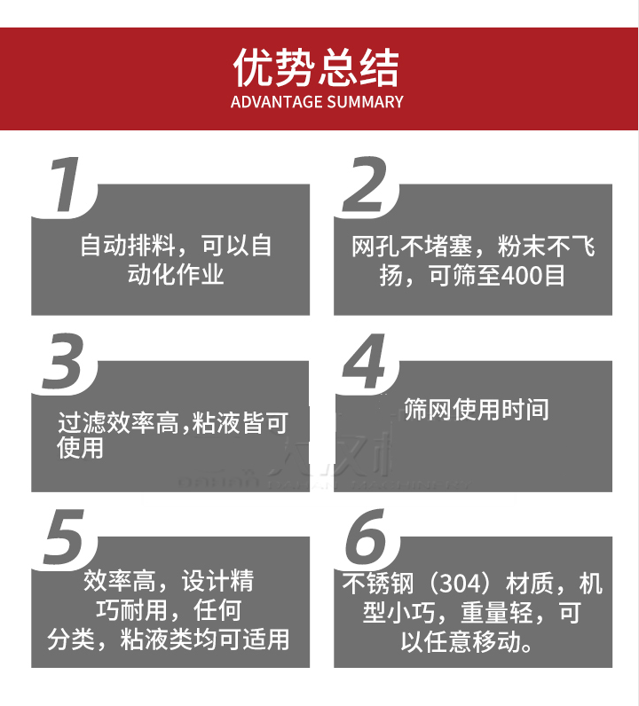 過濾篩優(yōu)勢總結(jié)：1，自動排料，可以自動化作用。2，網(wǎng)孔不堵塞，粉塵不飛揚(yáng)，可篩至400目。3，過濾效率高，任何粒，粉，粘液也可使用。4，篩網(wǎng)設(shè)計大大提高了篩網(wǎng)使用時間，也魏換網(wǎng)提高了方便。5，效率高，設(shè)計精巧耐用，任何分類設(shè)計精巧耐用，任何分類，粘液類均可適用。6，不銹鋼材質(zhì)機(jī)型小巧，重量輕，可以任意移動。