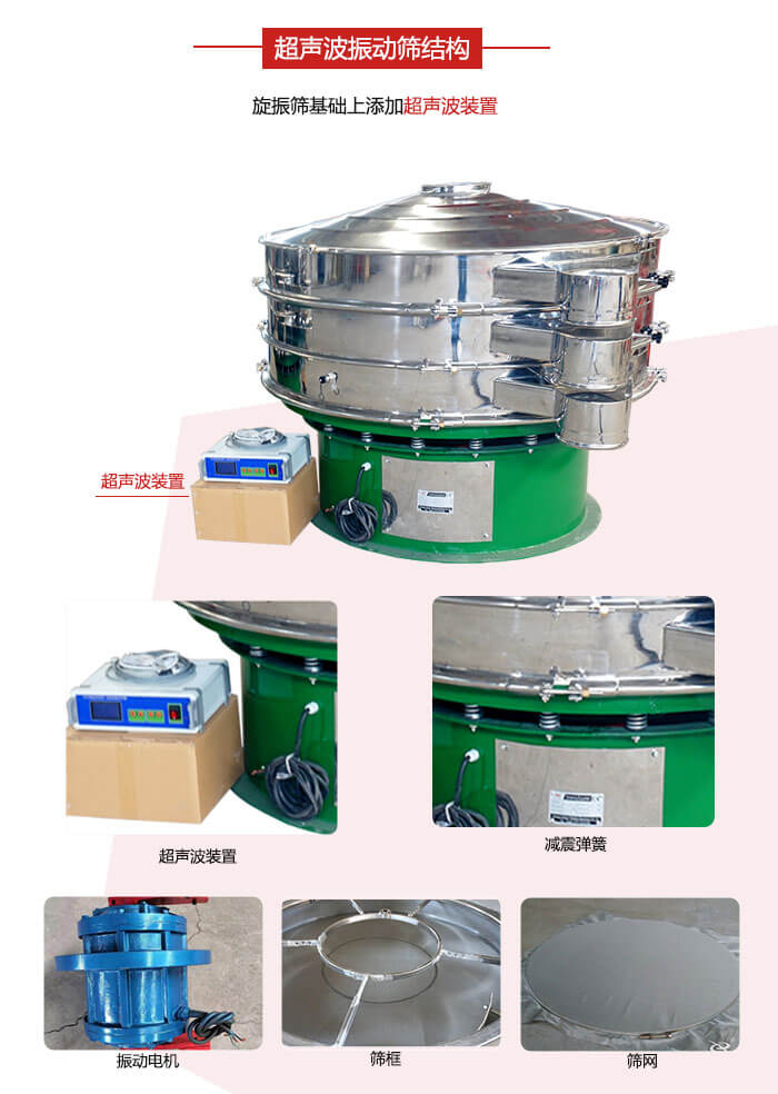 圓篩機(jī)內(nèi)部結(jié)構(gòu)：主要由振動(dòng)電機(jī)、篩框、篩網(wǎng)、超聲波系統(tǒng)、減震彈簧等展示圖