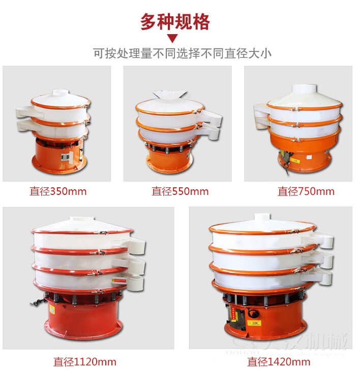 塑料振動篩不同篩分直徑進行展示：350，550，750，1120，1420等。