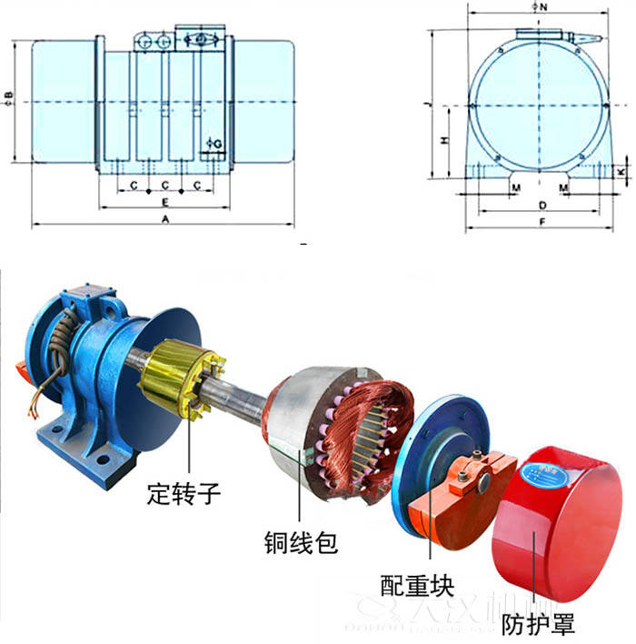 ZFB倉(cāng)壁振動(dòng)器外形尺寸字母代表：A為整機(jī)長(zhǎng)度F為整機(jī)寬度B為主機(jī)寬度等。結(jié)構(gòu)：定轉(zhuǎn)子，銅線包，配重塊，防護(hù)罩等。