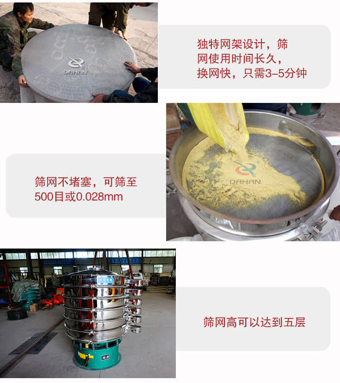 三次元振動篩的特點：篩網(wǎng)使用時間長換讓時間短，篩網(wǎng)不堵塞，可篩至500目或0.028mm。