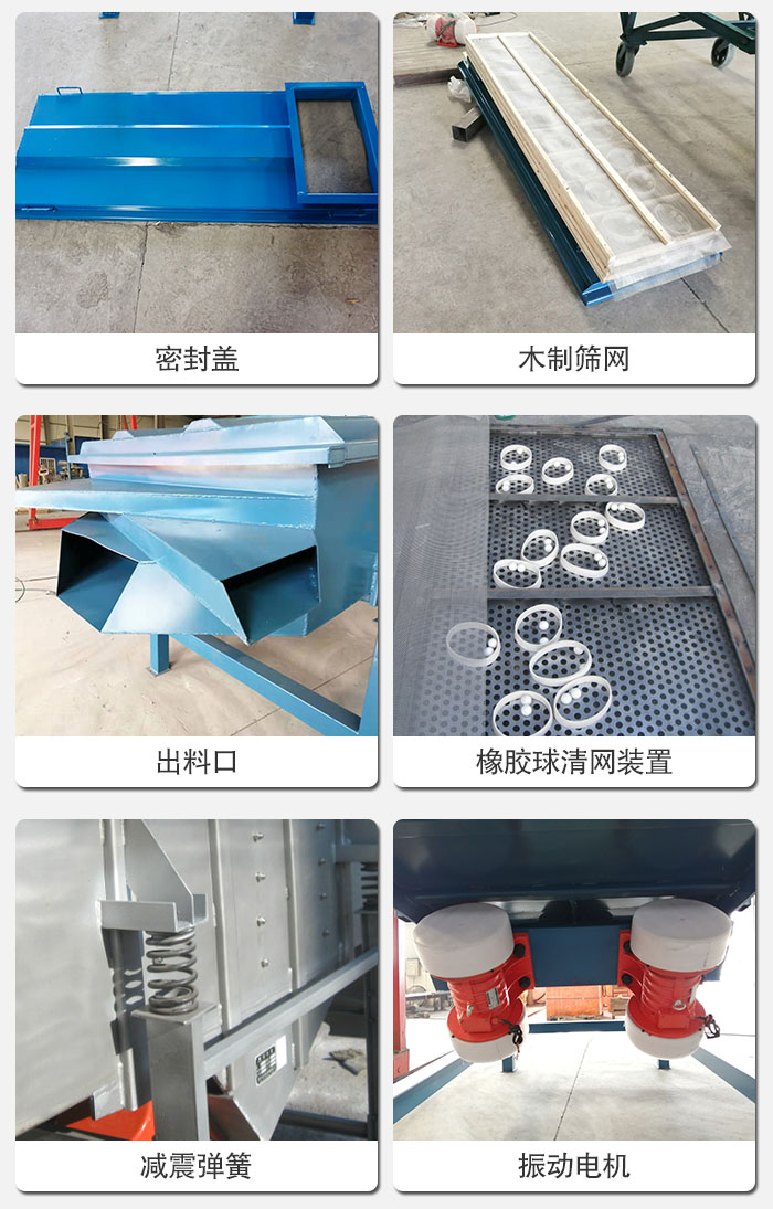 直線篩結(jié)構(gòu)展示：篩網(wǎng)，篩箱，振動(dòng)電機(jī)，振動(dòng)電機(jī)座，減震彈簧，支架等部件展示圖