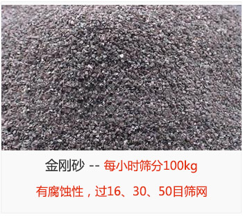 篩分金剛砂每小時(shí)100kg，有腐蝕性，過(guò)16、30、50目篩網(wǎng)