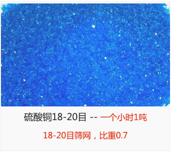 篩分18-20目的硫酸銅 產(chǎn)量一個(gè)小時(shí)1噸，采用18-20目篩網(wǎng)，比重0.7