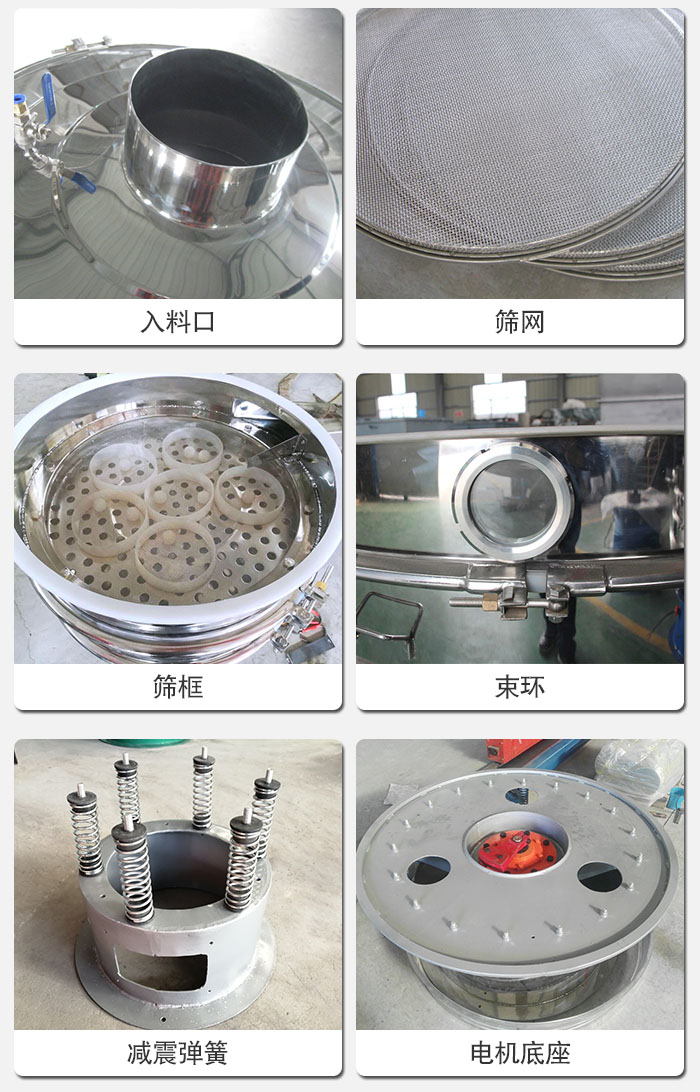 醫(yī)藥振動篩有電機底座，減震彈簧，束環(huán)，篩框，入料口，篩網等部件展示。