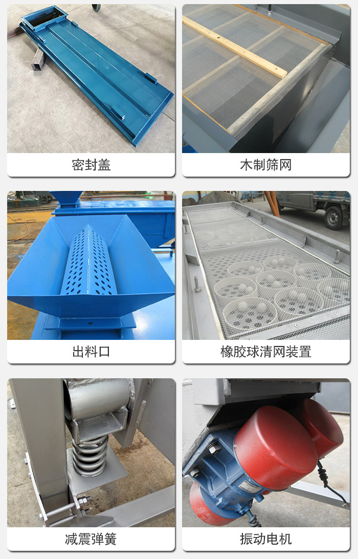 直線篩分機的結構展示圖：篩箱是物料主要篩分設備之一，篩網用于篩分物料，振動電機幫助篩網篩分。