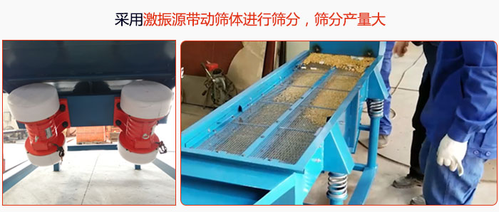 采用激振源帶動篩體進(jìn)行篩分，篩分產(chǎn)量大。