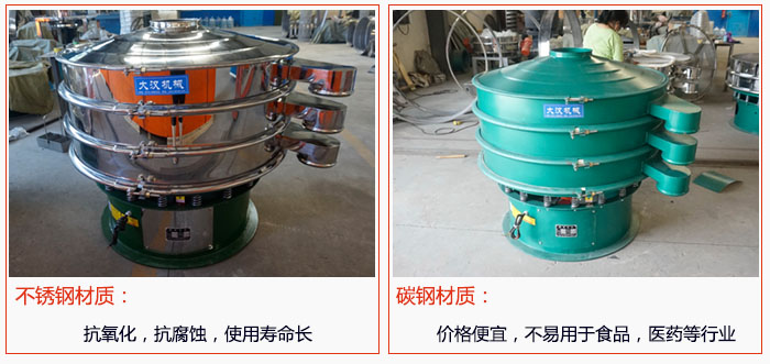 800型振動篩有不銹鋼和碳鋼兩種材質(zhì)，不銹鋼材質(zhì)：抗氧化，抗腐蝕，使用壽命長 碳鋼材質(zhì)：價格便宜，不易篩分食品，化工，醫(yī)藥等行業(yè)的物料。