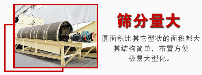 滾筒篩篩分產(chǎn)量大，產(chǎn)量可達(dá)200噸/時(shí)