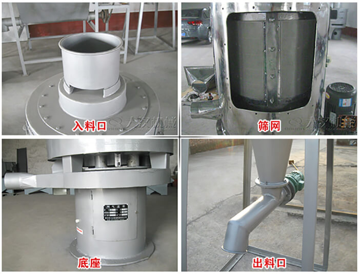 氣流篩部件展示：入料口，篩網(wǎng)，底座，出料口等。