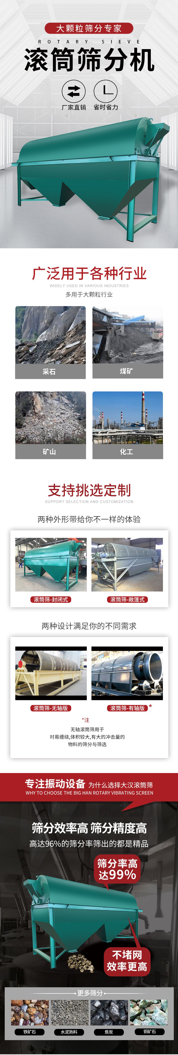 滾筒篩分機(jī)大顆粒篩分專家：廠家直銷，省時(shí)省力。滾筒篩被廣泛應(yīng)用各種行業(yè)：多用于大顆粒行業(yè)例如：采石，煤礦，礦山，化工等。滾筒篩定制類型有哪些：封閉式與敞篷式產(chǎn)品結(jié)構(gòu)分為：無(wú)軸式，有軸式兩種，無(wú)軸滾筒篩用于對(duì)纏繞，體積較大，有大的沖擊量的物料的篩分與篩選。滾筒篩篩分效率高篩分精度能夠達(dá)到：96%也比較適用于鐵礦石，水泥熟料，焦炭，銅礦石。滾筒篩特點(diǎn)：不飛粉末：密封隔離罩，密封性好，工作過(guò)程不會(huì)出現(xiàn)飛粉現(xiàn)象。外型尺寸是按筒體長(zhǎng)計(jì)