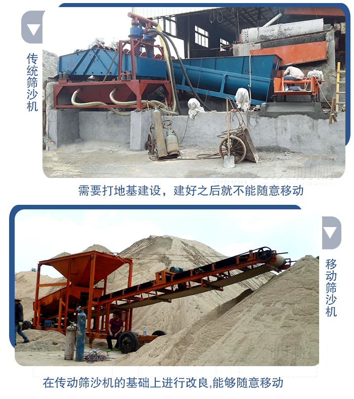 移動(dòng)的篩沙機(jī)在安裝前需要打地基，而固定完畢后就不能隨意的移動(dòng)，而移動(dòng)篩沙機(jī)不需要打地并且隨時(shí)能夠進(jìn)行移動(dòng)。