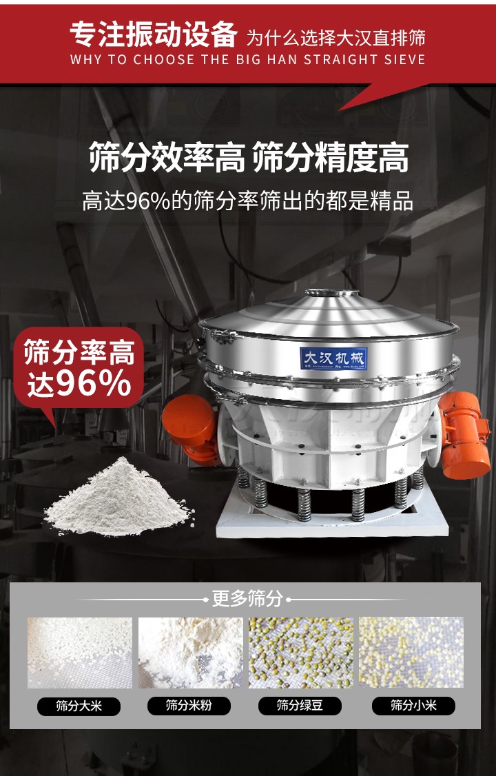 直排篩適用物料有面粉，淀粉，洗衣粉，金屬粉，添加劑，化工，非礦等行業(yè)。