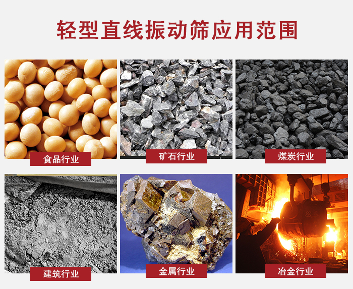 輕型直線振動篩應用范圍較廣多使用與顆粒狀，粉狀以及其它重型行業(yè)的輸送。