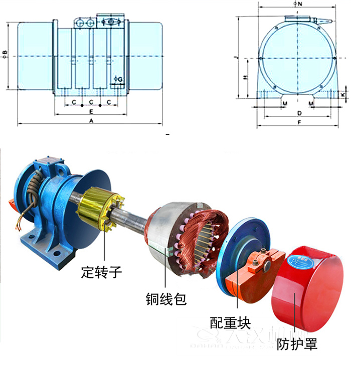 YZS振動電機(jī)內(nèi)部主要部件：定轉(zhuǎn)子，銅線包，配重塊，防護(hù)罩。