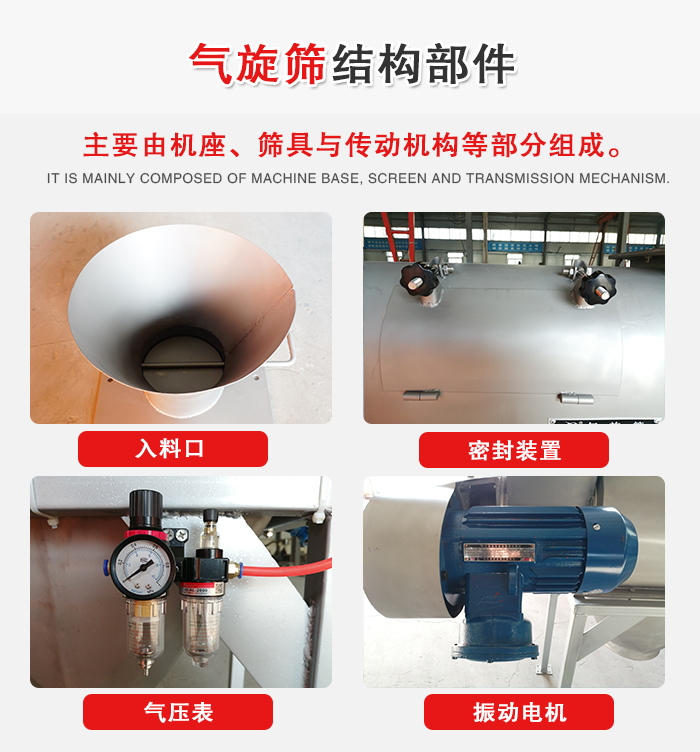 氣旋篩結構：入料口，密封裝置，電機，氣壓表等