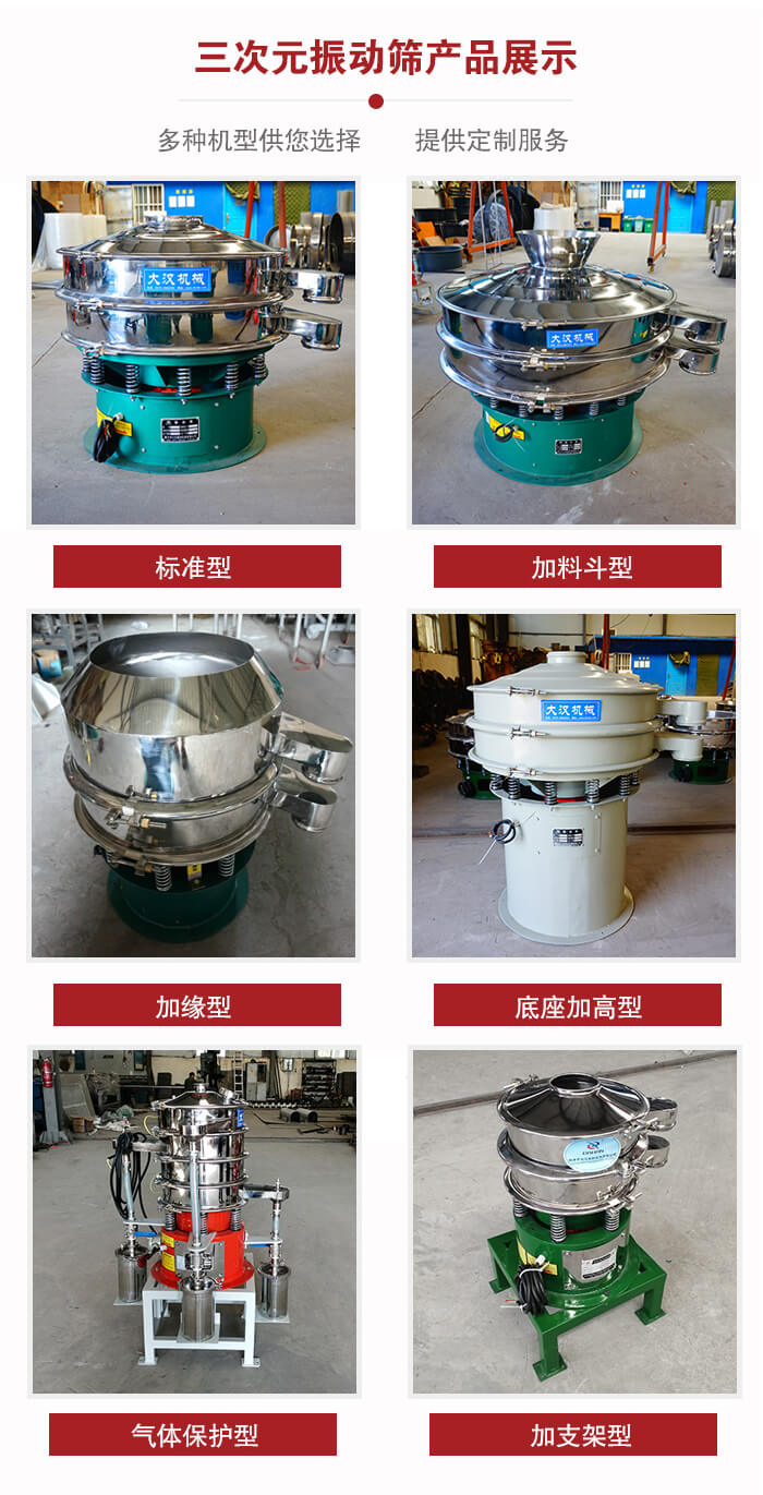 三次元振動篩不同結(jié)構(gòu)展示：標(biāo)準(zhǔn)型，加料斗型，加緣型，底座加高型，氣體保護型，加支架型。