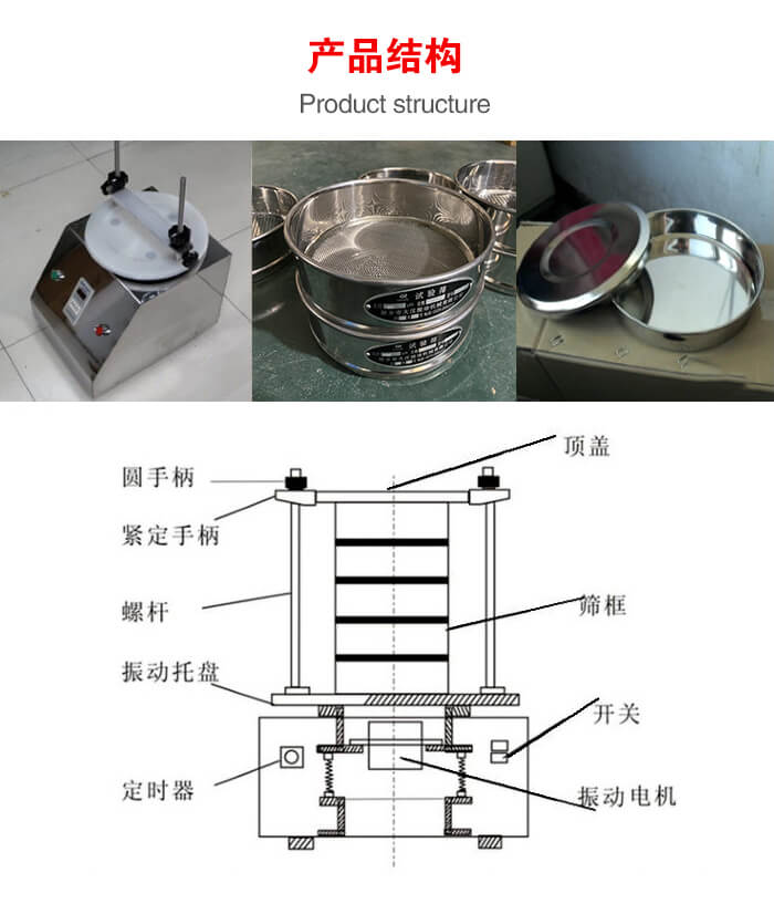 實(shí)驗(yàn)室振動(dòng)篩-試驗(yàn)篩結(jié)構(gòu)主要由：圓手柄，緊定手柄，螺桿，振動(dòng)托盤，篩框，頂蓋等。