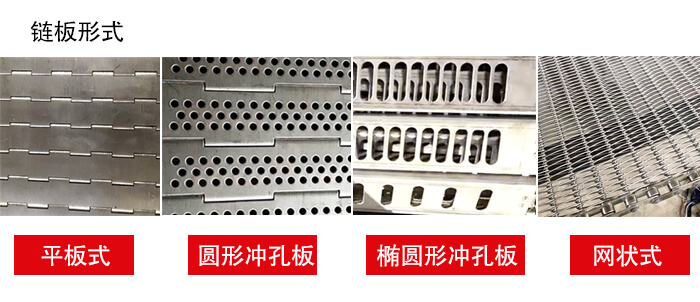 鏈板輸送機鏈板的不同形式：平板式，圓形沖孔板，網(wǎng)狀式等